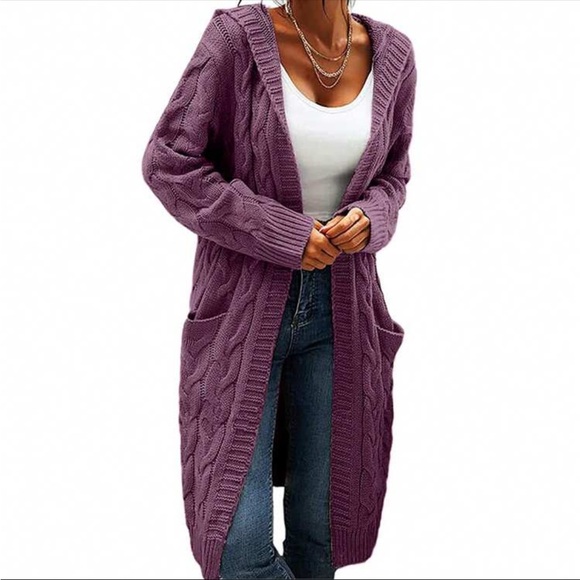 Luxe Cable Knit Long Sleeve Sweater Cardigan Open Front Pocket Hooded Hood - Picture 3 of 16